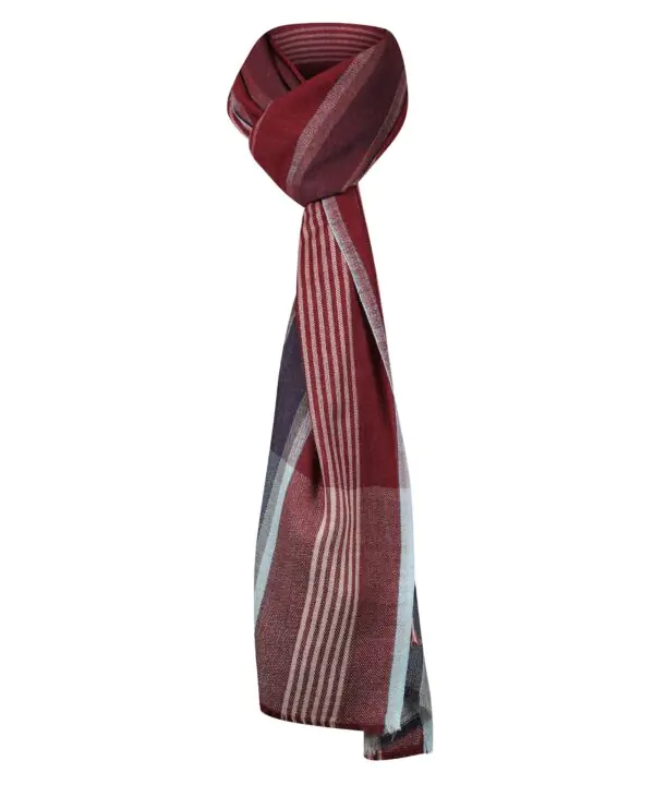 100% Fine Wool Scarf with Striped Print –  Red, Blue, Gray, and White - Image 4